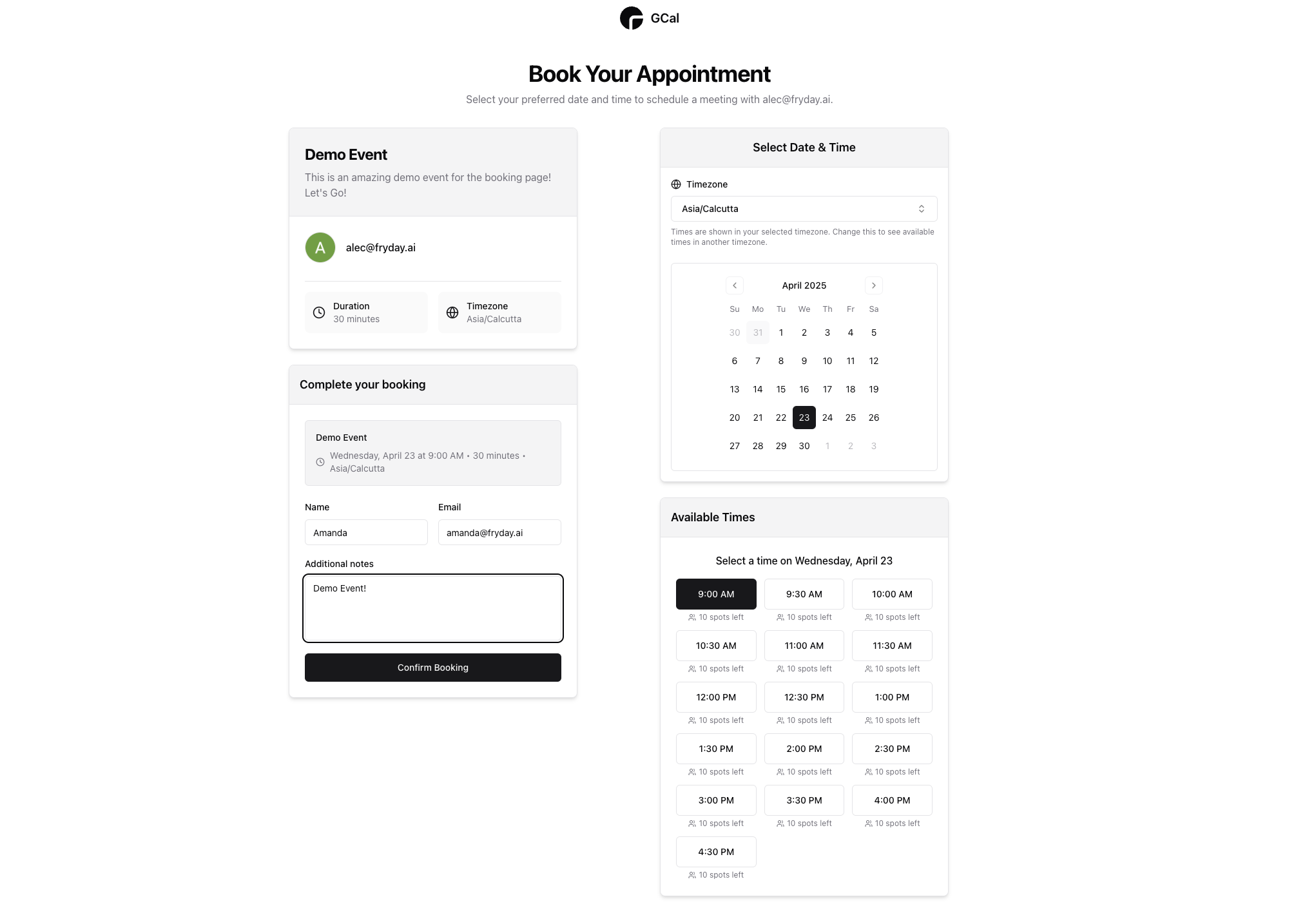 GCal scheduling interface showing Booking Page