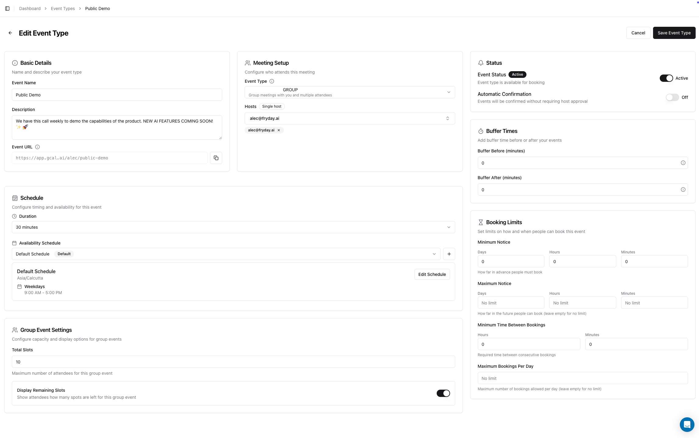 GCal scheduling interface showing Event Configuration